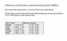 Informace o dočasném uzavření pošty partner Milíkov