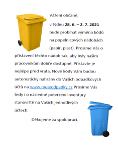Výměna kódů na popelnicových nádobách (papír, plast)