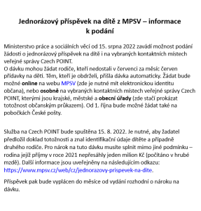 Jednorázový příspěvek na dítě z MPSV – informace k podání