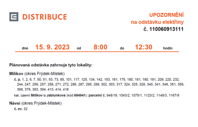 Upozornění na odstávku elektrické energie