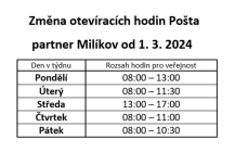 Změna hodin pro veřejnost Pošta Partner Milíkov
