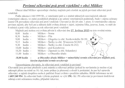 Povinné očkování psů proti vzteklině v obci Milíkov