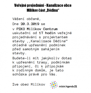 Veřejné projednání - Kanalizace obce Milíkov část ,,Dědina“